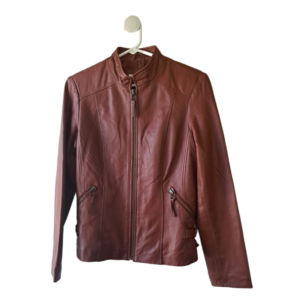 Yvonne le Marie Cognac Zip Up Leather Jacket, Small